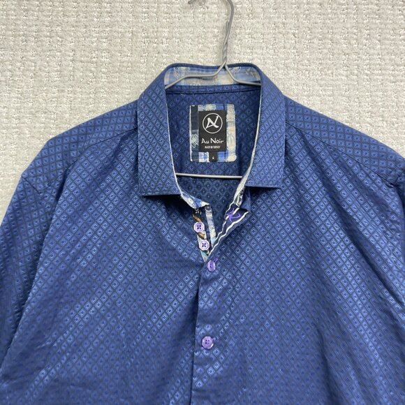 Au Noir Shirt Men Sz 4 Button Up Blue Geometric Holographic AOP Boho Preppy - Picture 5 of 13